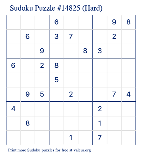 Free Printable Hard Sudoku Puzzle number 14825