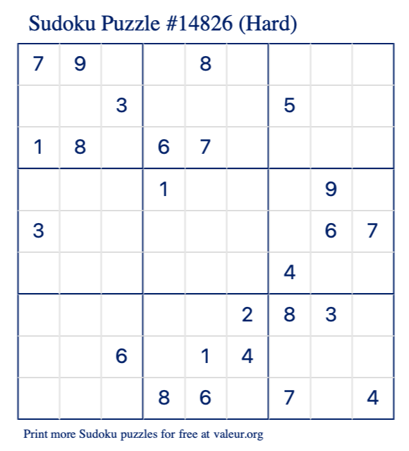 Free Printable Hard Sudoku Puzzle number 14826