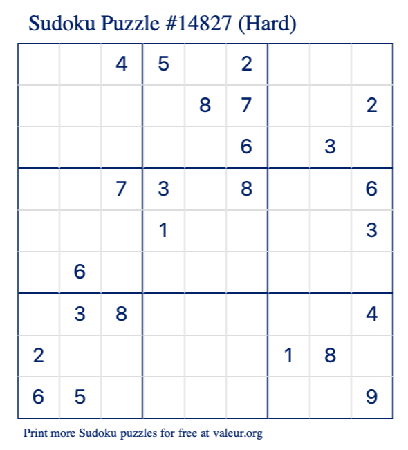 Free Printable Hard Sudoku Puzzle number 14827