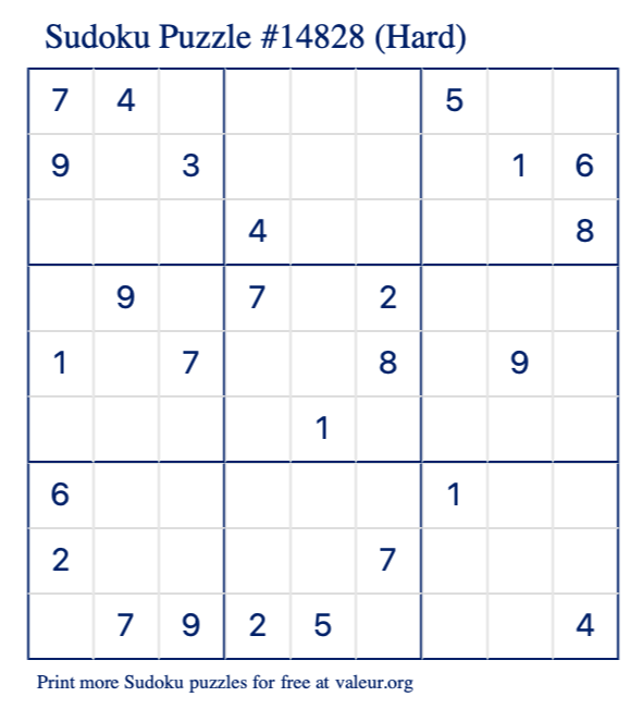 Free Printable Hard Sudoku Puzzle number 14828