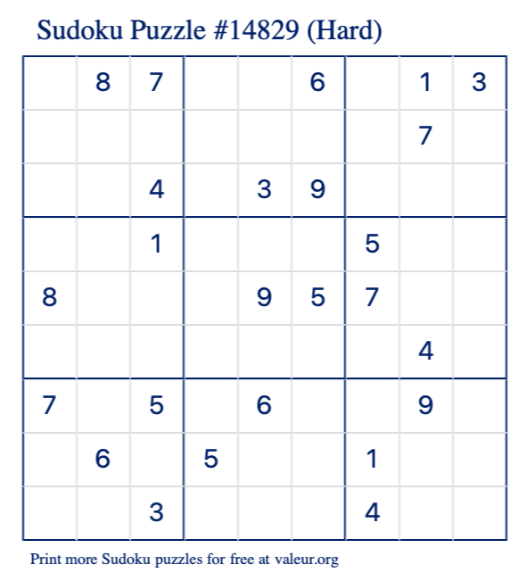 Free Printable Hard Sudoku Puzzle number 14829