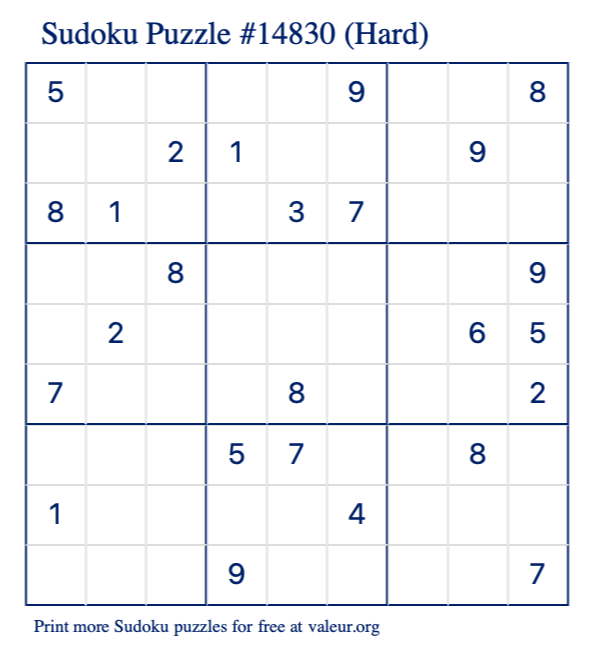 Free Printable Hard Sudoku Puzzle number 14830