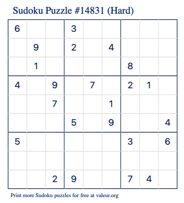 Free Printable Hard Sudoku Puzzle number 14831