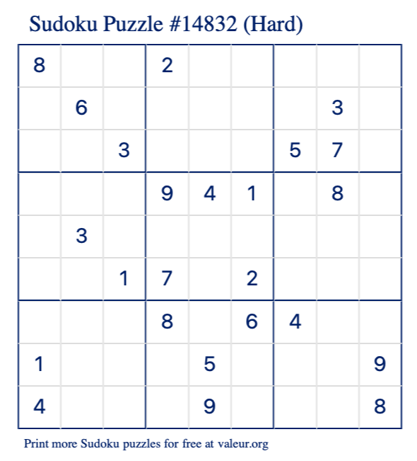 Free Printable Hard Sudoku Puzzle number 14832