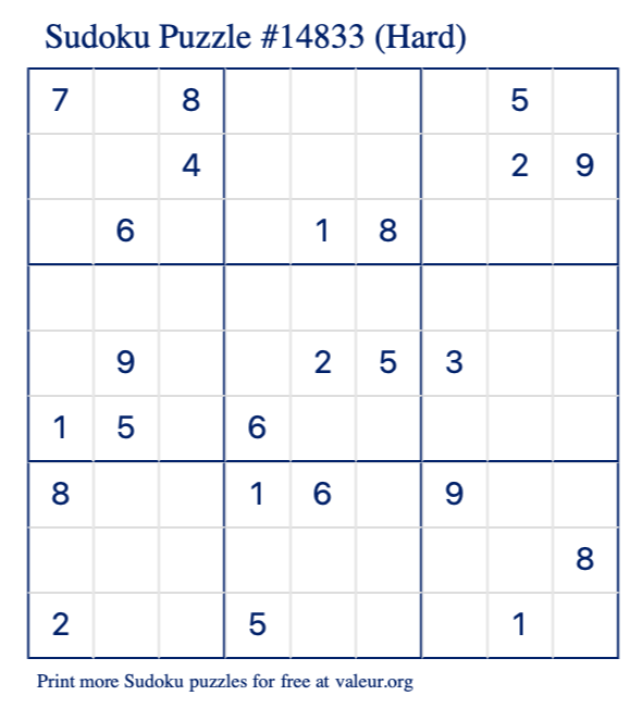 Free Printable Hard Sudoku Puzzle number 14833