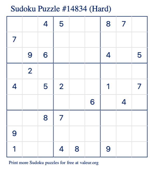 Free Printable Hard Sudoku Puzzle number 14834