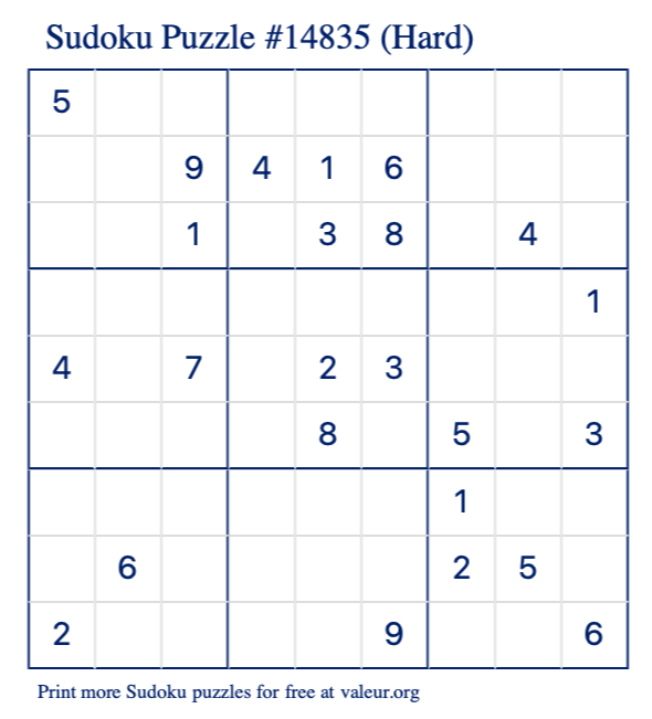 Free Printable Hard Sudoku Puzzle number 14835