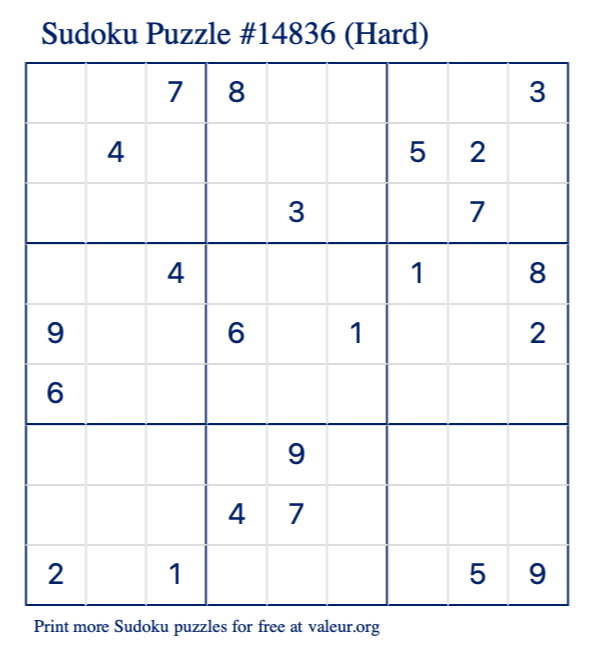 Free Printable Hard Sudoku Puzzle number 14836