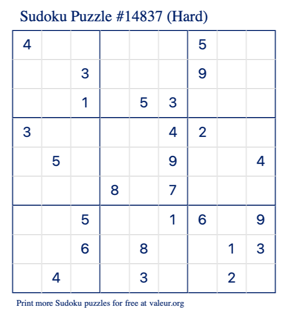 Free Printable Hard Sudoku Puzzle number 14837