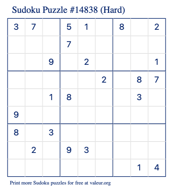 Free Printable Hard Sudoku Puzzle number 14838