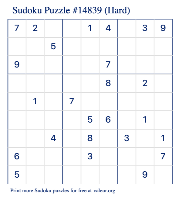 Free Printable Hard Sudoku Puzzle number 14839