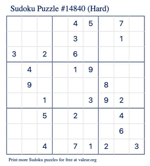 Free Printable Hard Sudoku Puzzle number 14840