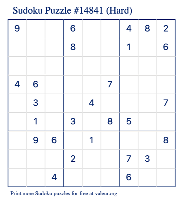 Free Printable Hard Sudoku Puzzle number 14841