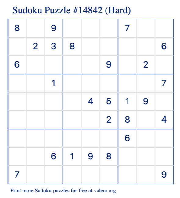 Free Printable Hard Sudoku Puzzle number 14842