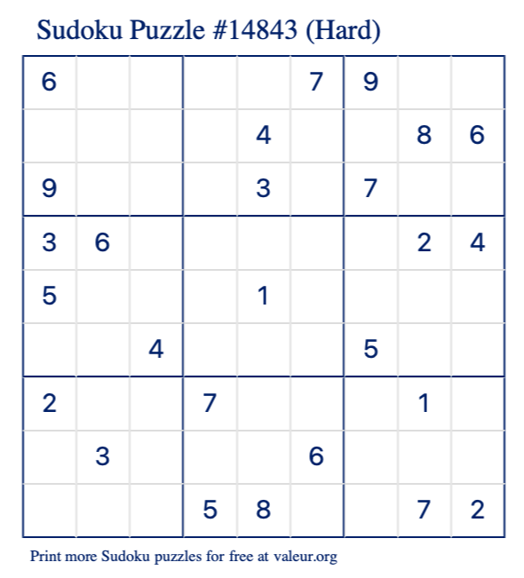 Free Printable Hard Sudoku Puzzle number 14843