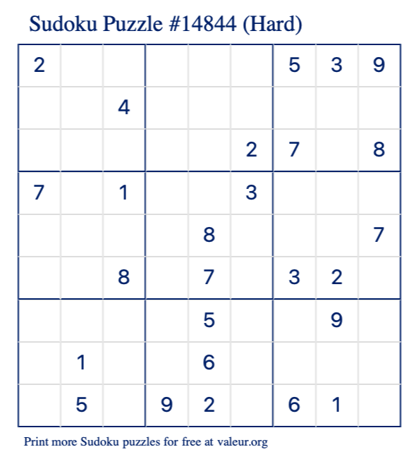 Free Printable Hard Sudoku Puzzle number 14844