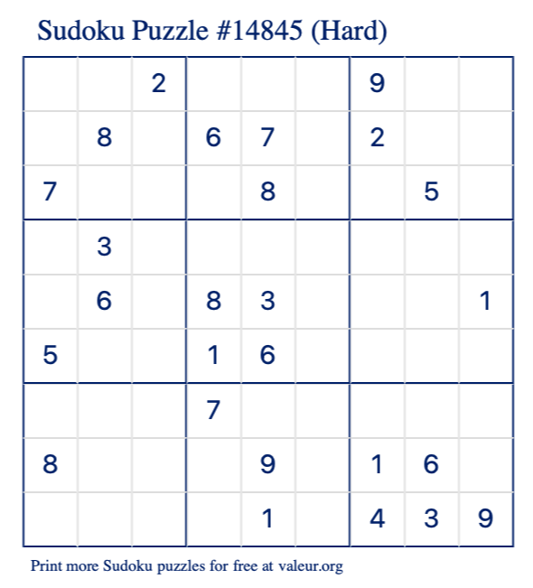 Free Printable Hard Sudoku Puzzle number 14845