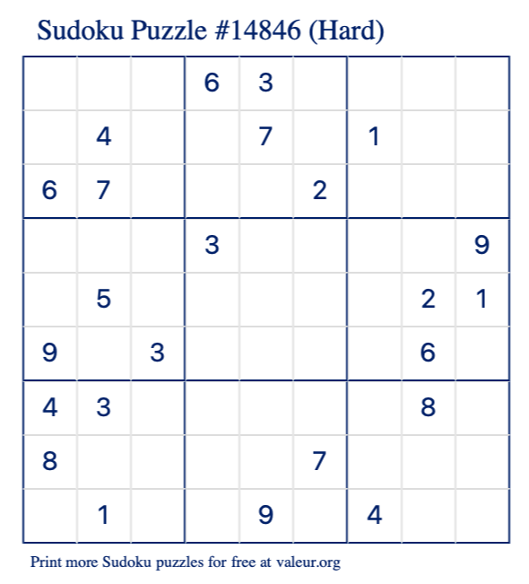 Free Printable Hard Sudoku Puzzle number 14846