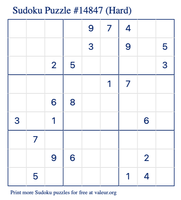 Free Printable Hard Sudoku Puzzle number 14847