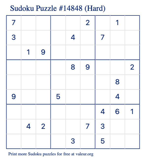 Free Printable Hard Sudoku Puzzle number 14848