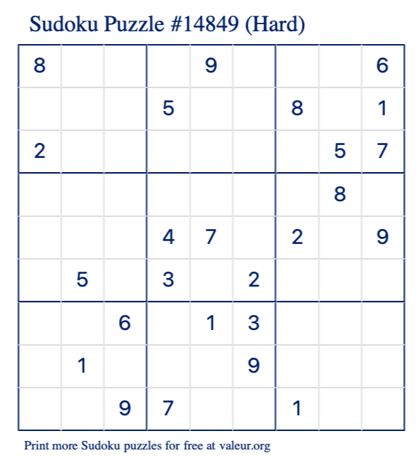 Free Printable Hard Sudoku Puzzle number 14849