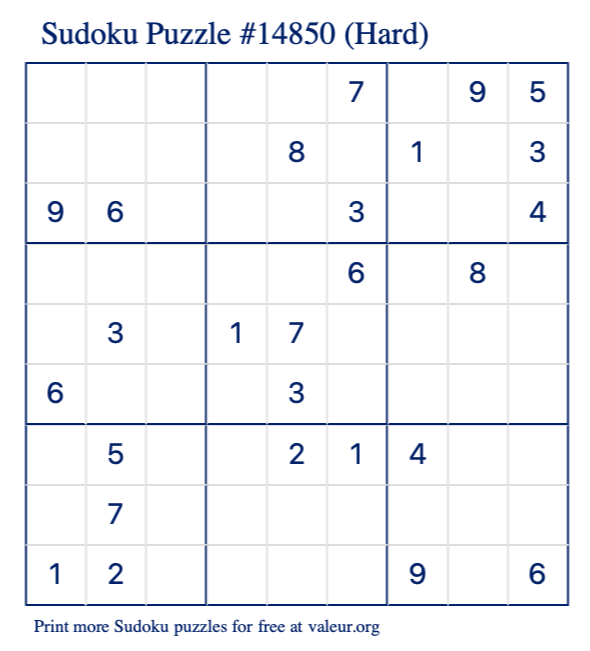 Free Printable Hard Sudoku Puzzle number 14850