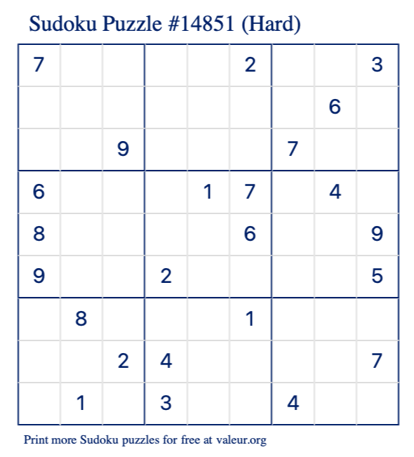 Free Printable Hard Sudoku Puzzle number 14851