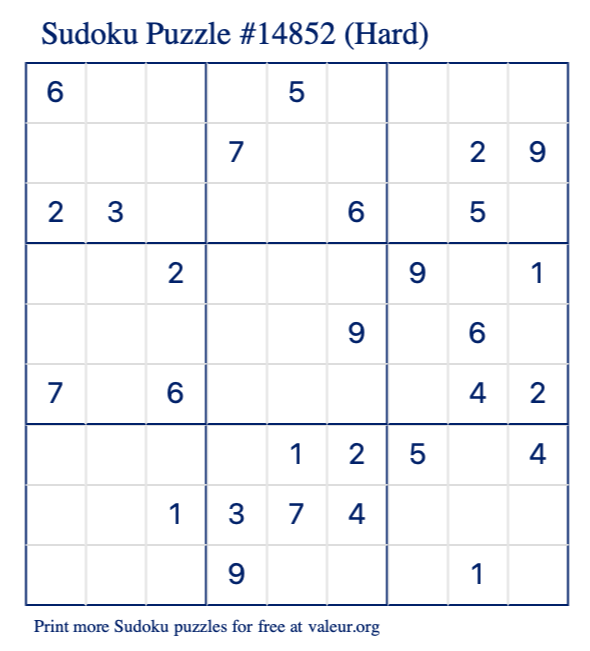 Free Printable Hard Sudoku Puzzle number 14852