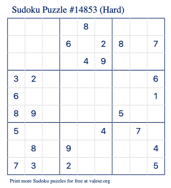 Free Printable Hard Sudoku Puzzle number 14853