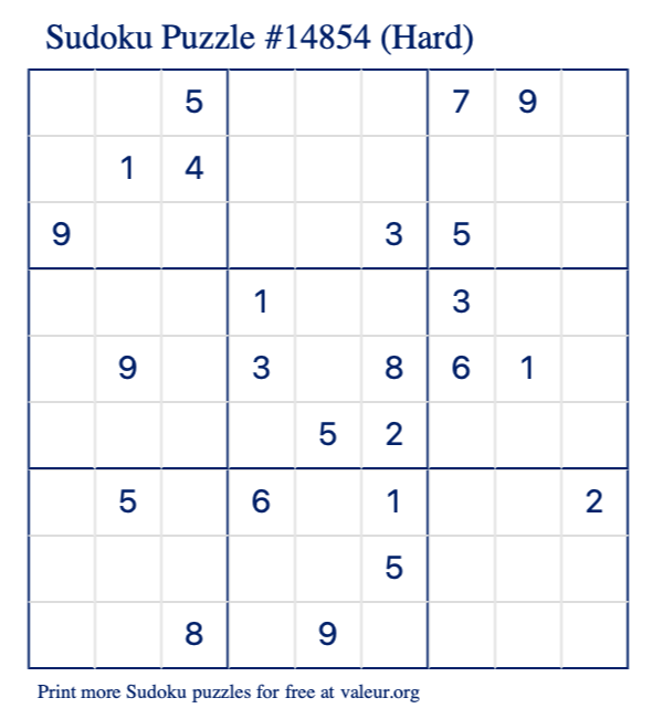 Free Printable Hard Sudoku Puzzle number 14854