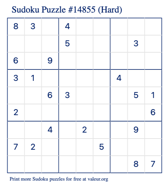 Free Printable Hard Sudoku Puzzle number 14855