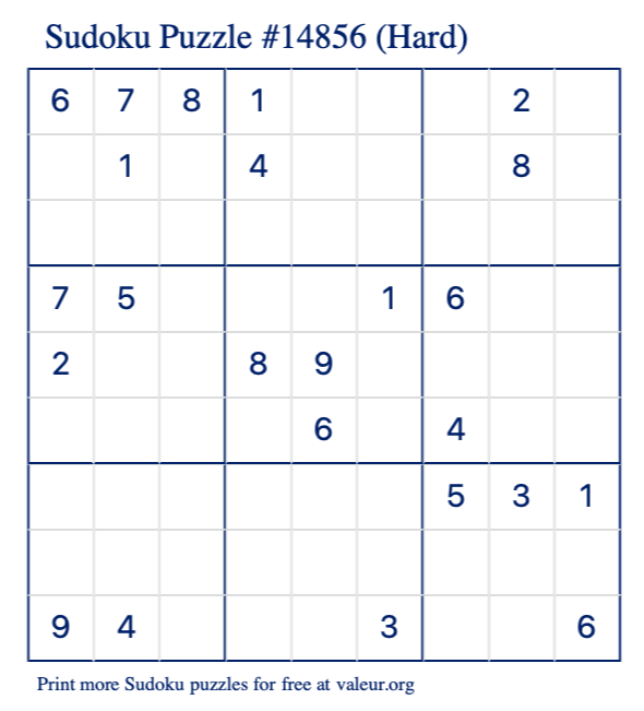 Free Printable Hard Sudoku Puzzle number 14856