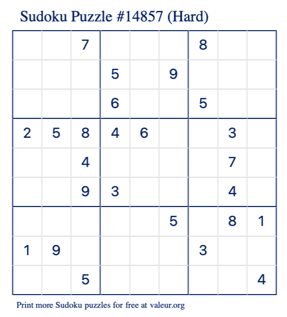 Free Printable Hard Sudoku Puzzle number 14857