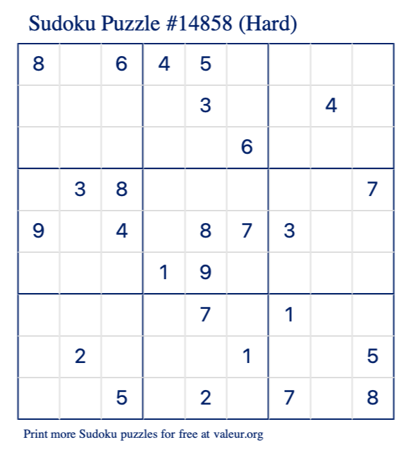 Free Printable Hard Sudoku Puzzle number 14858