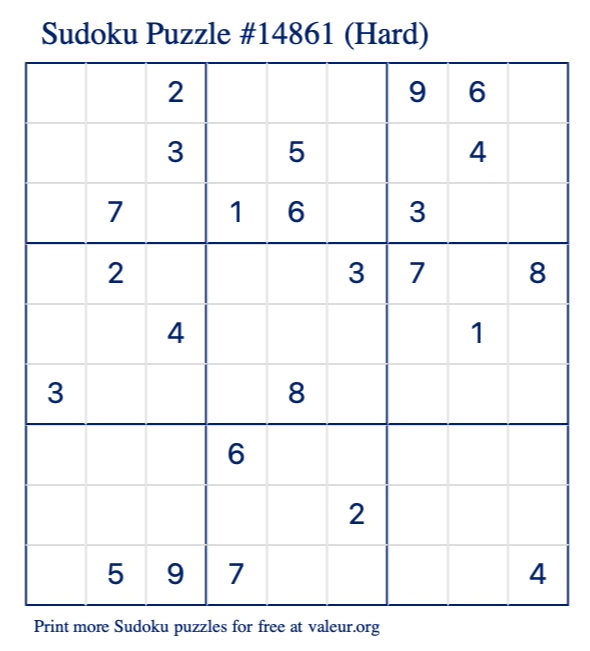 Free Printable Hard Sudoku Puzzle number 14861