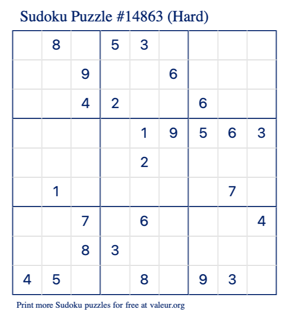 Free Printable Hard Sudoku Puzzle number 14863