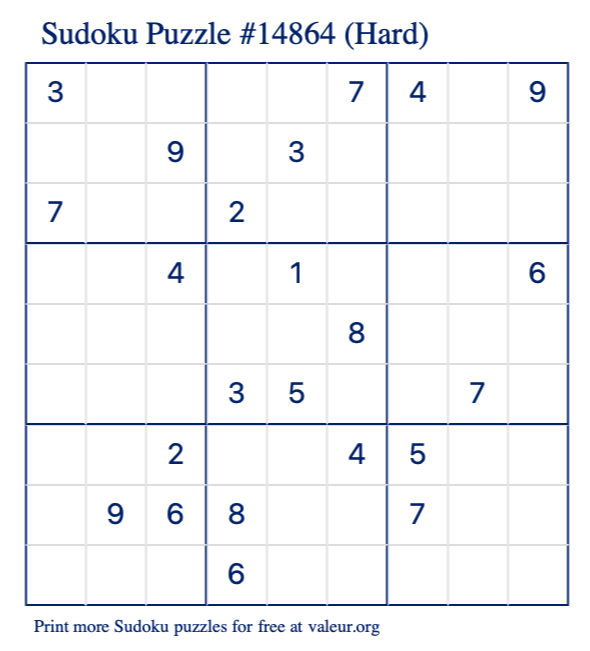 Free Printable Hard Sudoku Puzzle number 14864