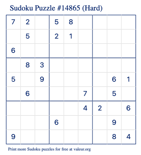 Free Printable Hard Sudoku Puzzle number 14865