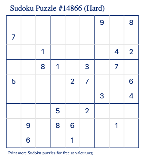 Free Printable Hard Sudoku Puzzle number 14866