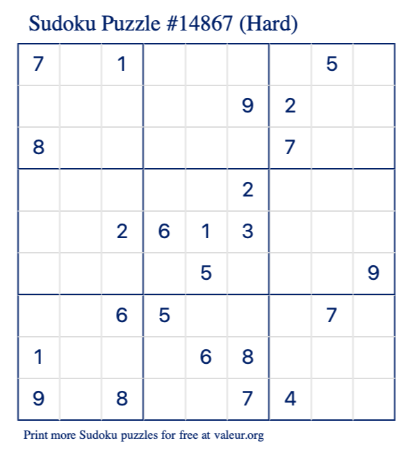 Free Printable Hard Sudoku Puzzle number 14867