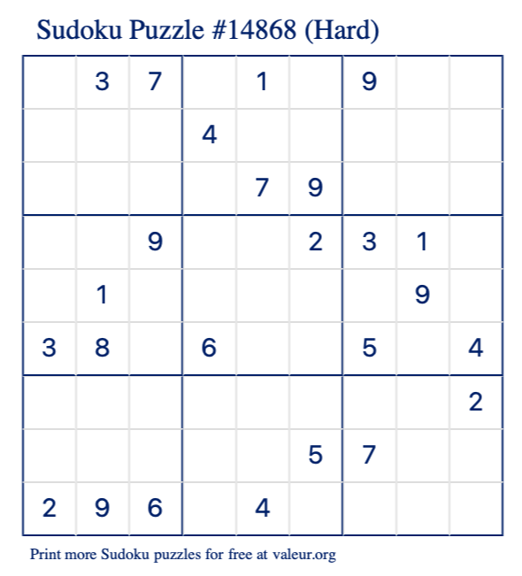 Free Printable Hard Sudoku Puzzle number 14868