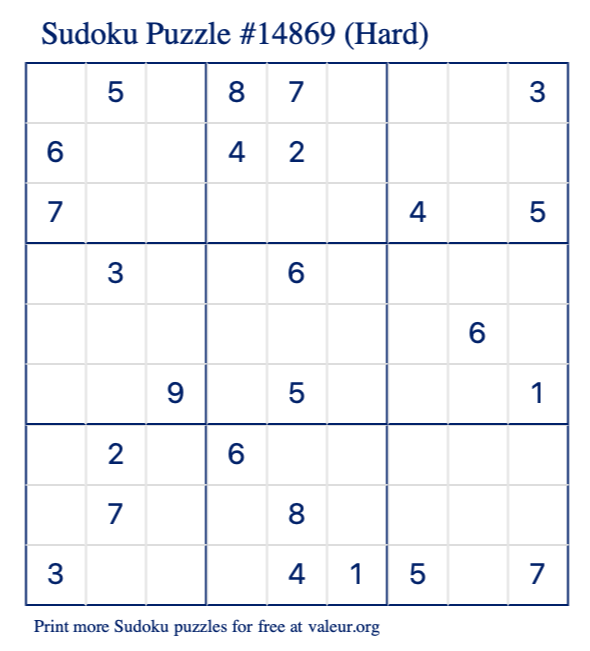 Free Printable Hard Sudoku Puzzle number 14869