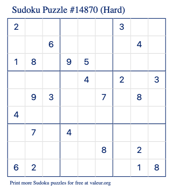 Free Printable Hard Sudoku Puzzle number 14870