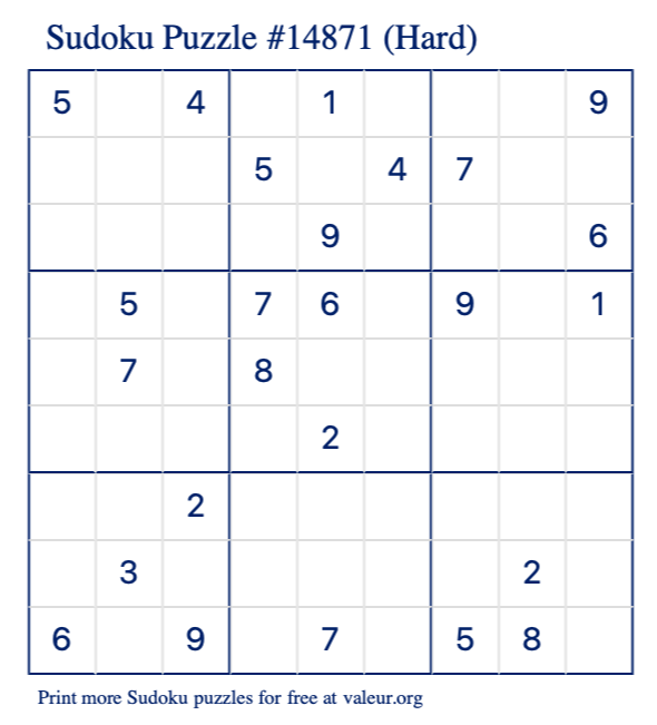 Free Printable Hard Sudoku Puzzle number 14871