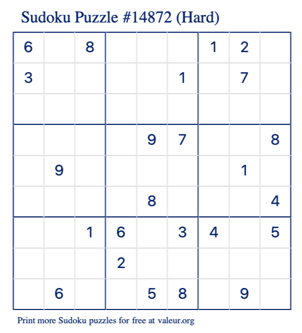 Free Printable Hard Sudoku Puzzle number 14872