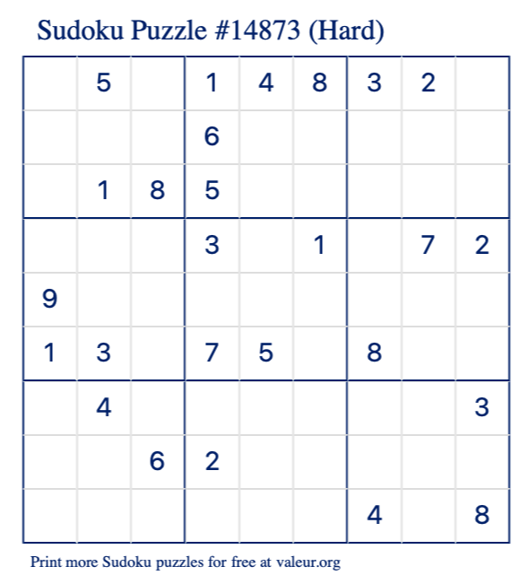 Free Printable Hard Sudoku Puzzle number 14873