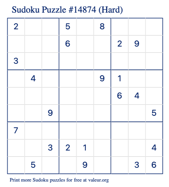 Free Printable Hard Sudoku Puzzle number 14874