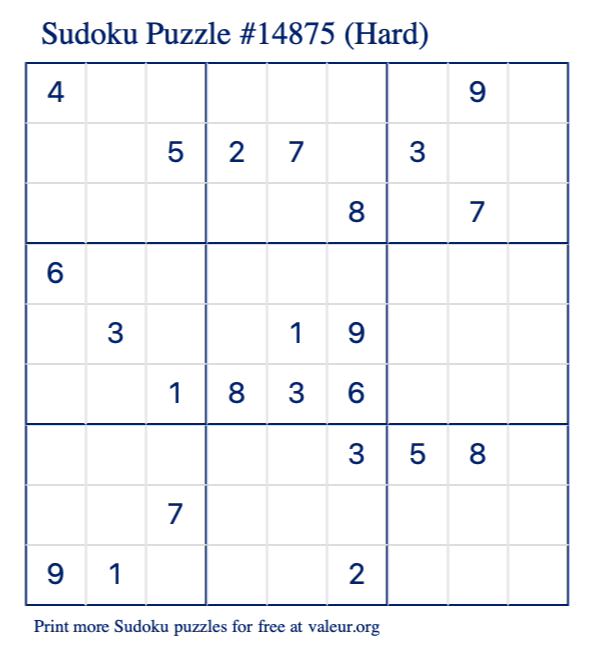 Free Printable Hard Sudoku Puzzle number 14875