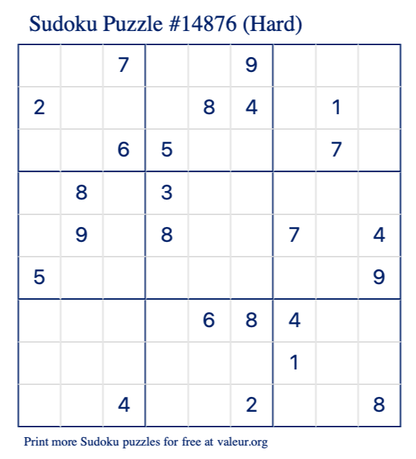 Free Printable Hard Sudoku Puzzle number 14876