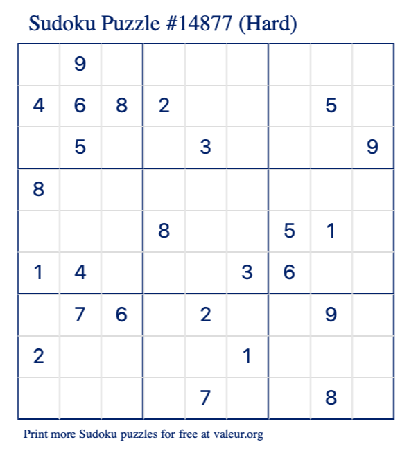 Free Printable Hard Sudoku Puzzle number 14877